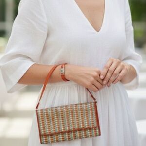 Stephane Kelian orange,blue & tan leather wristlet